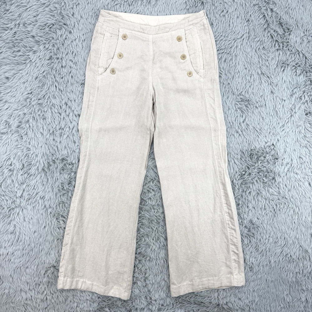 Poetry Pants Women's 4 Cream 100% Linen Flared Bell Bottom Wide Leg Boho